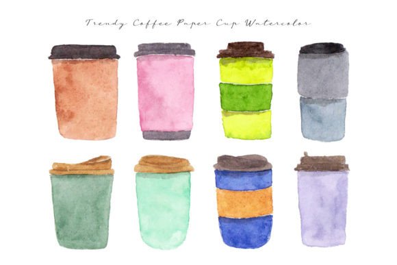 Hand Painted Coffee Paper Cup Watercolor Illustrations for Branding and Creative Projects