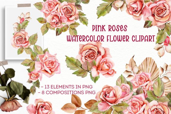 Pink Roses Watercolor Flower Illustrations for Crafting