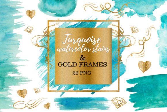 Turquoise Watercolor Stains and Gold Illustrations for Digital Sellers
