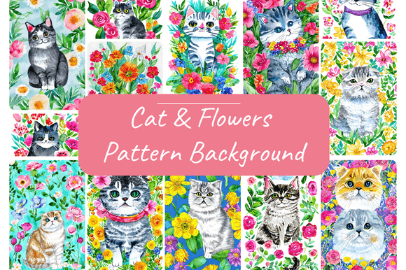 Watercolor Cat Flower Kitten Background for Illustrations & Digital Product Sellers