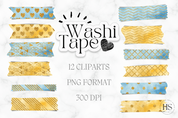 Watercolor Gold Digital Washi Tape PNG: Elegant Illustrations for Real Business Branding