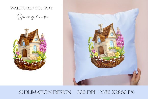 Watercolor House Clipart with Spring Flowers Illustrations
